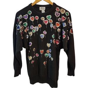 Vintage 80's Here's A Hug black sweater sequin hearts beaded dangle size small